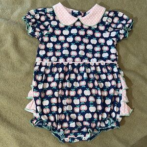 EUC Serendipity by shrimp & grits Navy Apple Print bubble Romper ruffle butt 3t